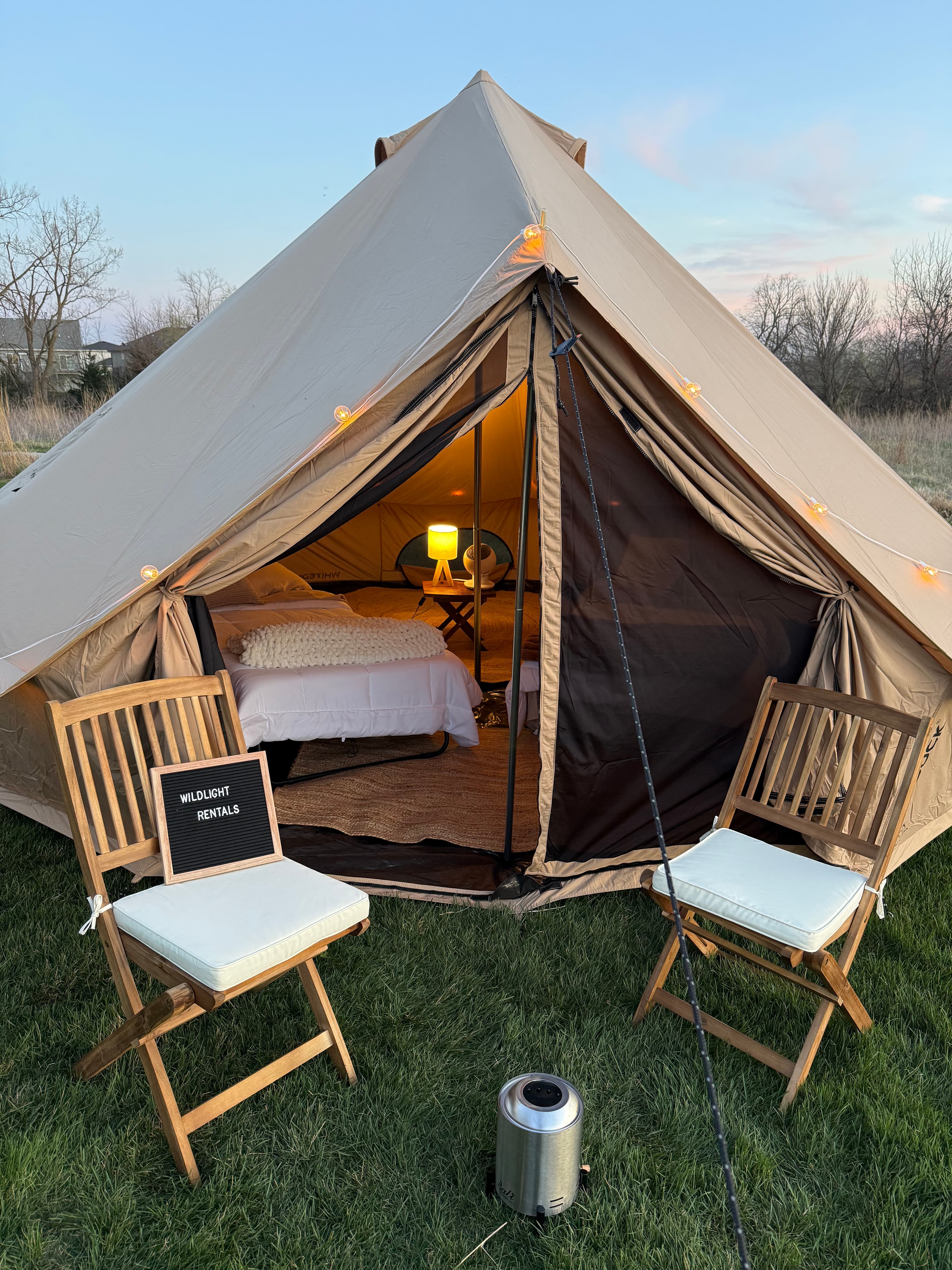 Bell tent with entry half-zipped